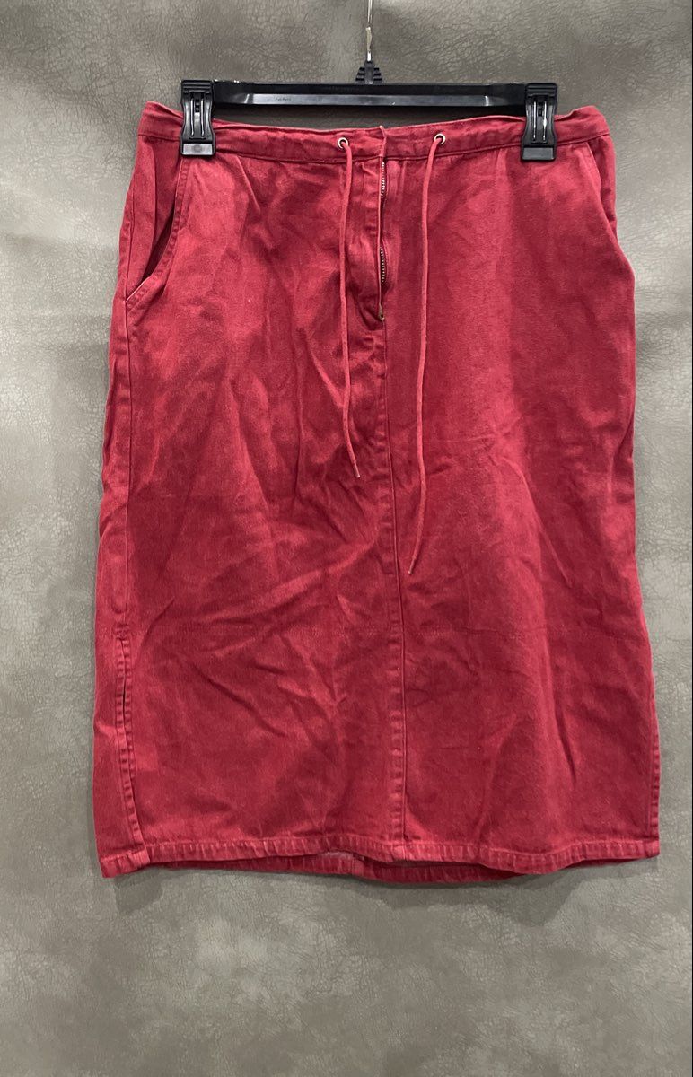 Vintage Y2K Faded Glory Women's Red Denim Skirt Drawstring Waist Pockets Sz 8