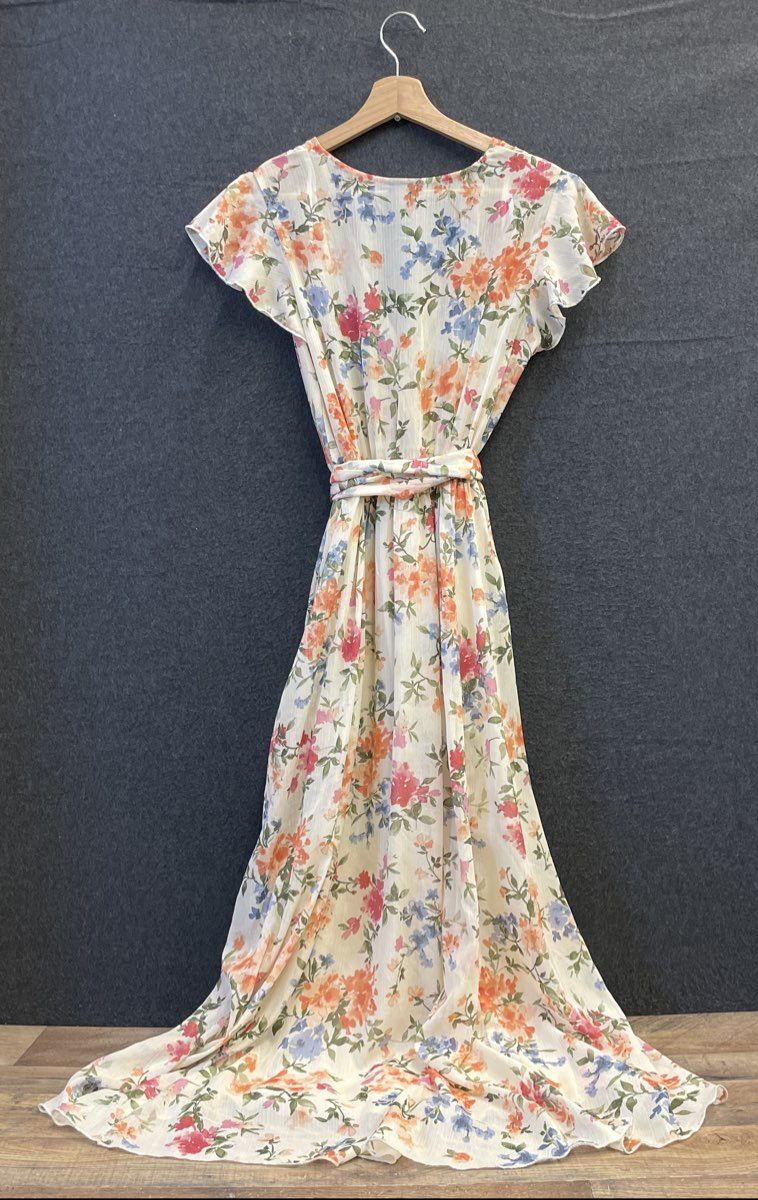 Alexa B Women's Floral Metallic Maxi Wrap Dress Flutter Sleeve Petite Sz 4P