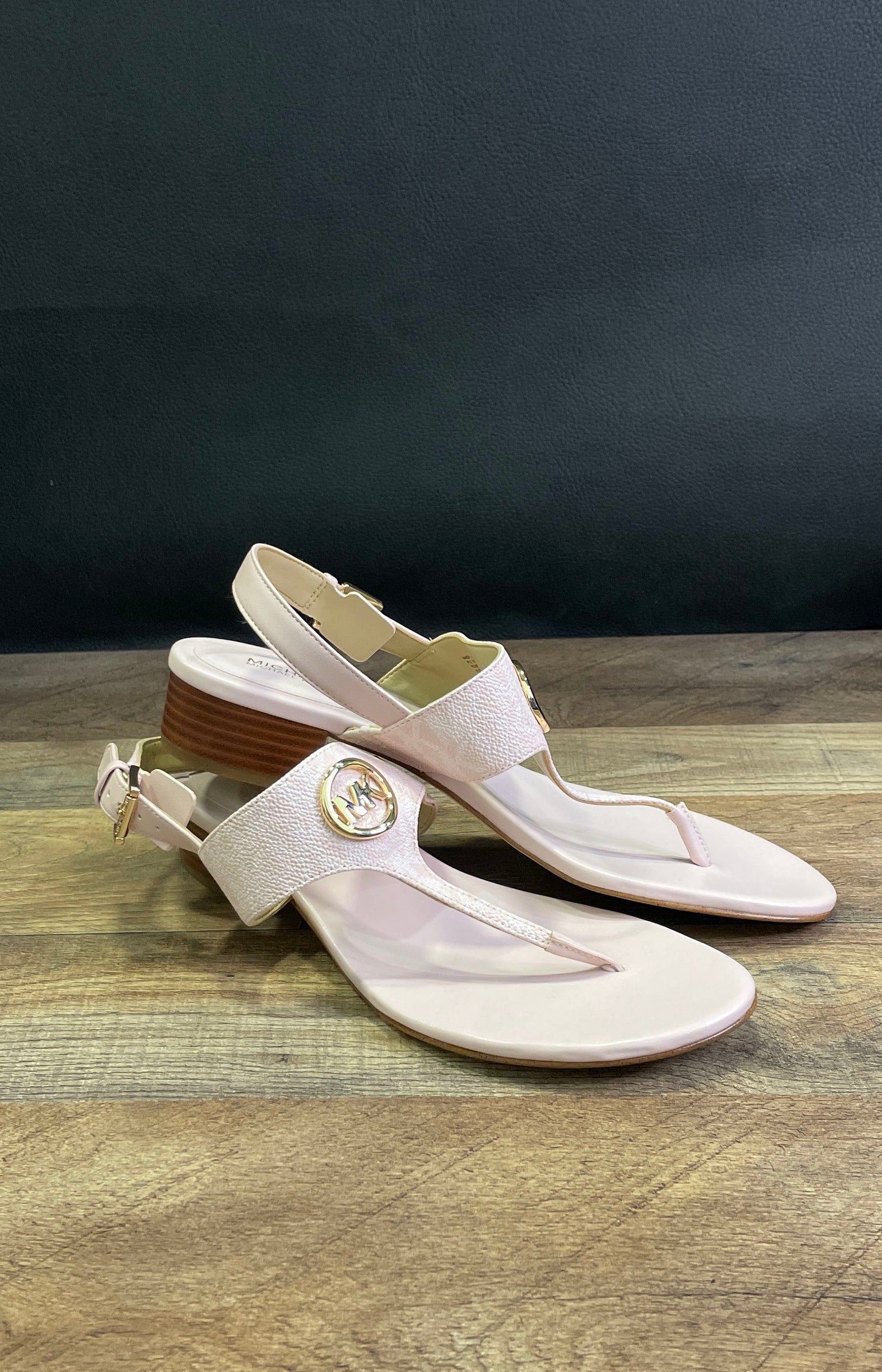 Michael Kors Jilly Pale Pink Monogram T-Strap Wedge Sandals Women's Size 8.5