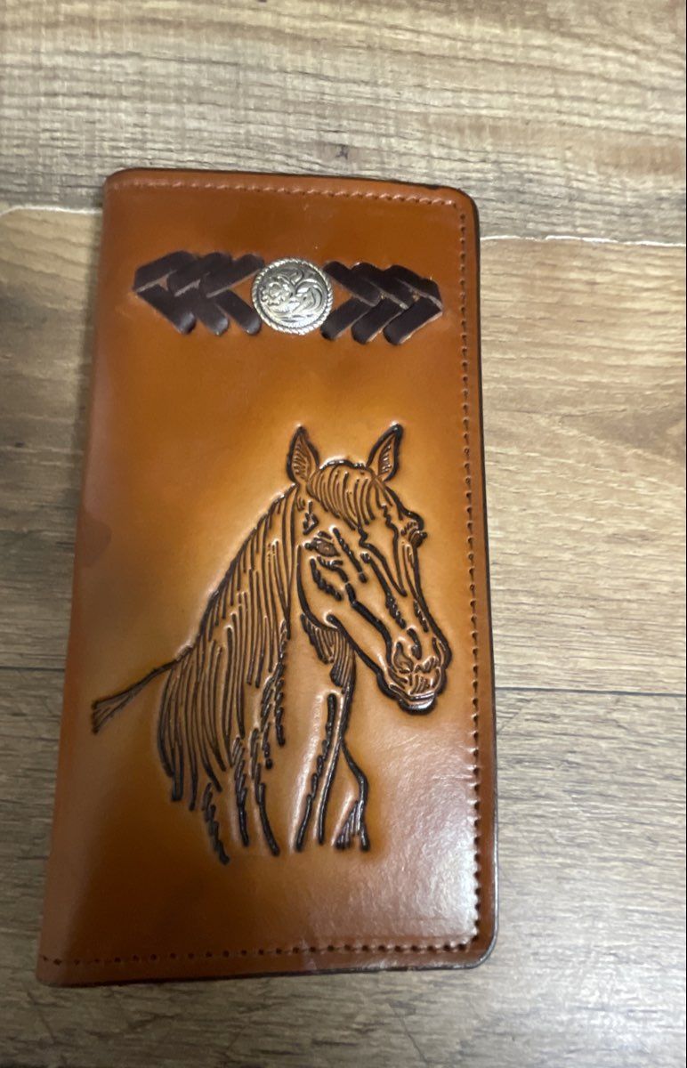 Vintage Western Hand Carved Horse Head Genuine Leather Bifold Checkbook Wallet