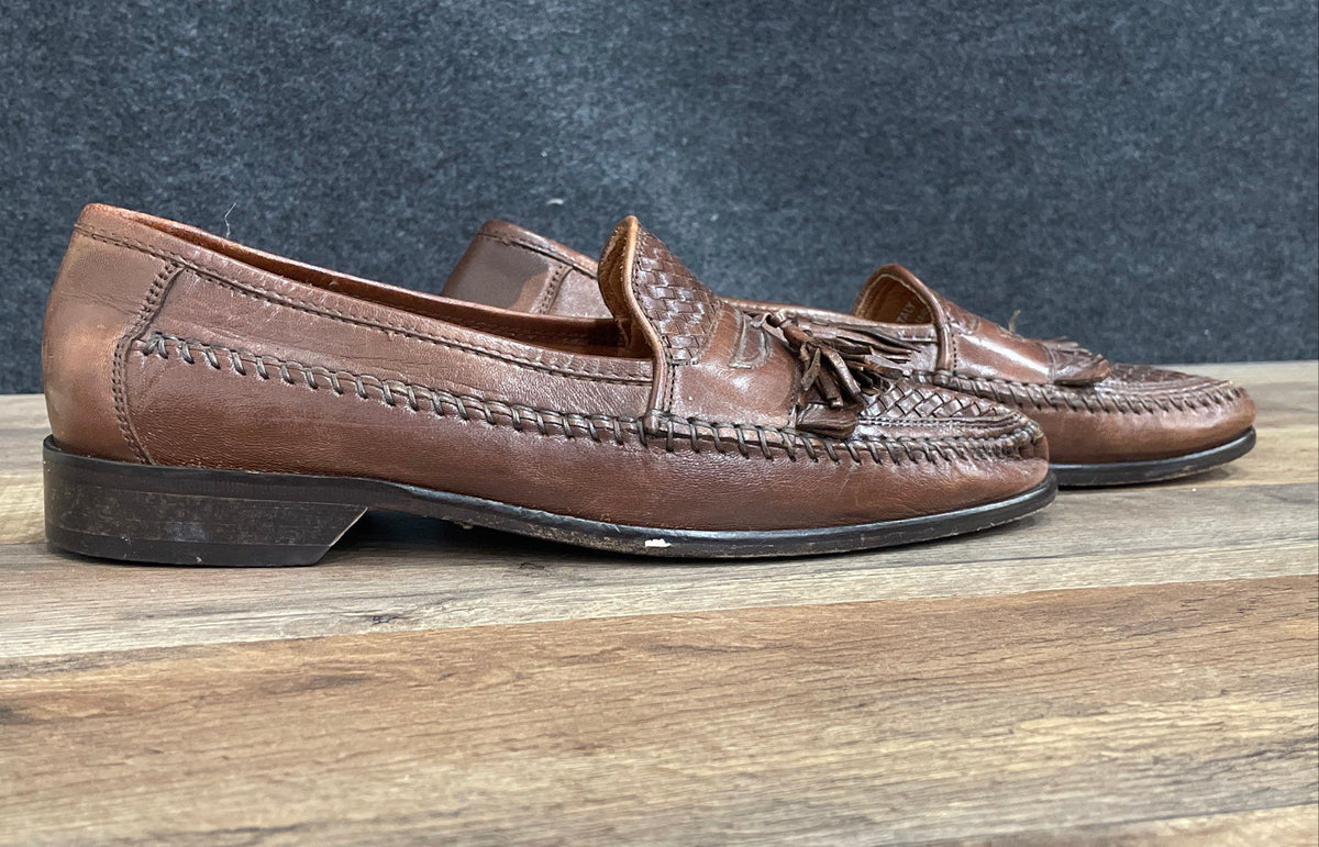 Bostonian Brown Woven Leather Tassel Kiltie Loafers Made in Italy Size 8.5