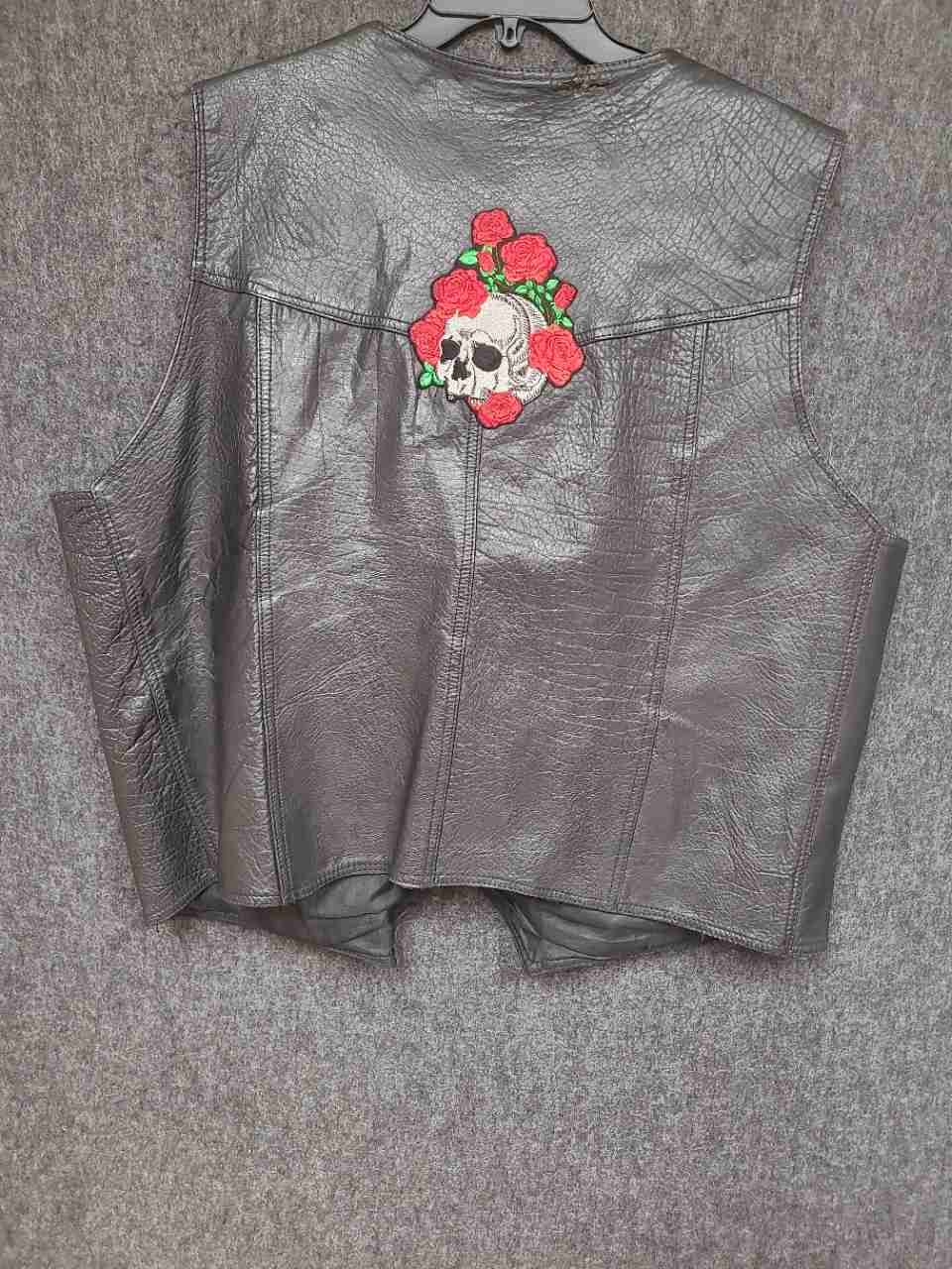 Vintage A-1 Men's Black Leather Biker Vest Skull Rose Patch Snap Front Sz 50