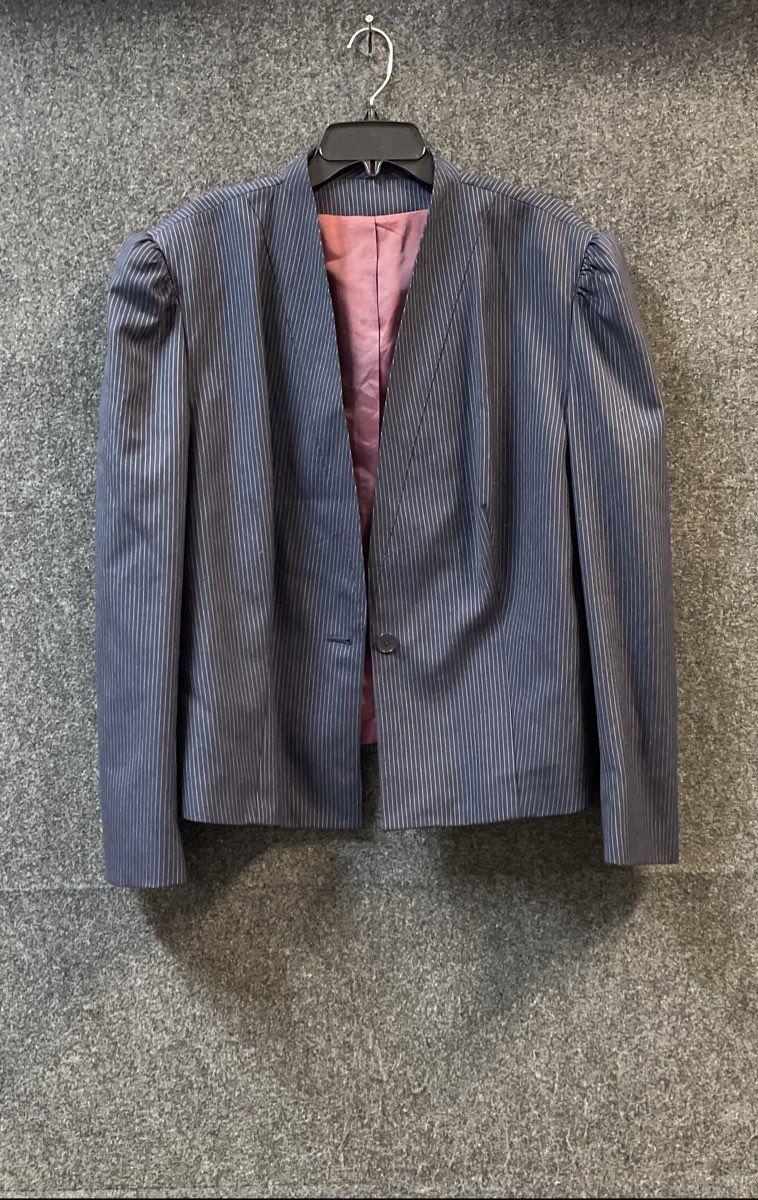 Vintage 80s Nan Elliot Women's Navy Blue Pinstripe Puff Shoulder Blazer Sz 44