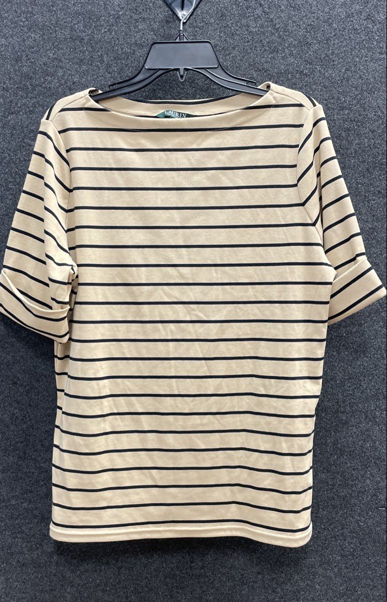 Lauren Ralph Lauren Women's Beige Navy Striped Boat Neck Knit Top Sz 2X