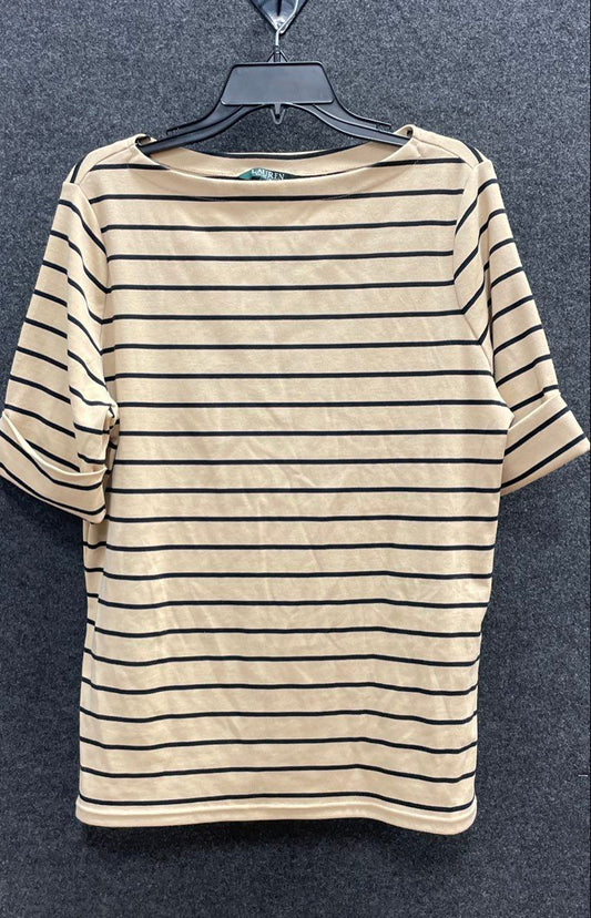 Lauren Ralph Lauren Women's Beige Navy Striped Boat Neck Knit Top Sz 2X
