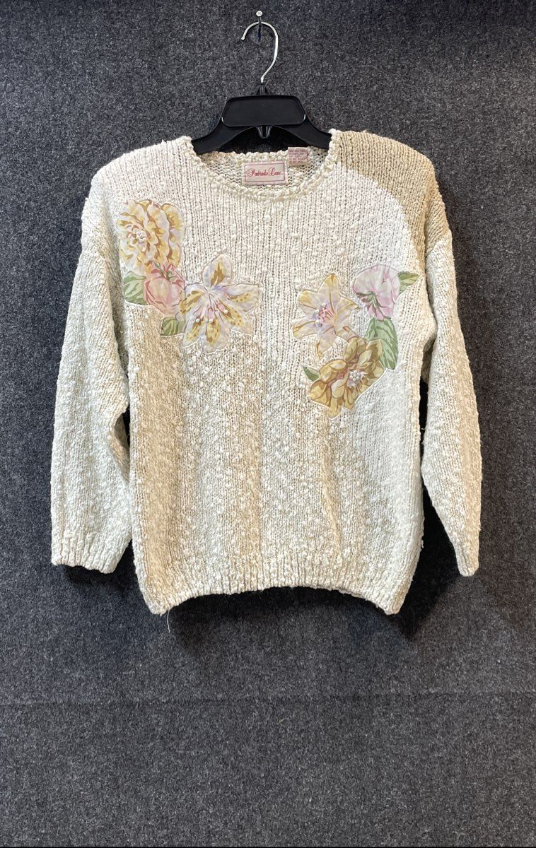 Vintage 90s Penbrooke Lane Women's Cream Floral Faux Pearl Knit Sweater Sz M