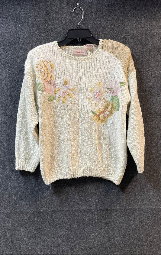 Vintage 90s Penbrooke Lane Women's Cream Floral Faux Pearl Knit Sweater Sz M