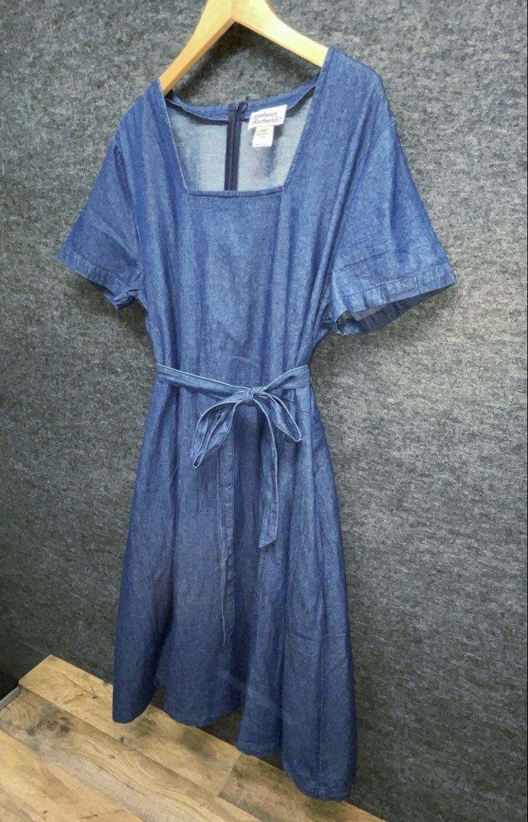 Anthony Richards Women's Blue Cotton Denim Dress Square Neck Belted Pockets 18