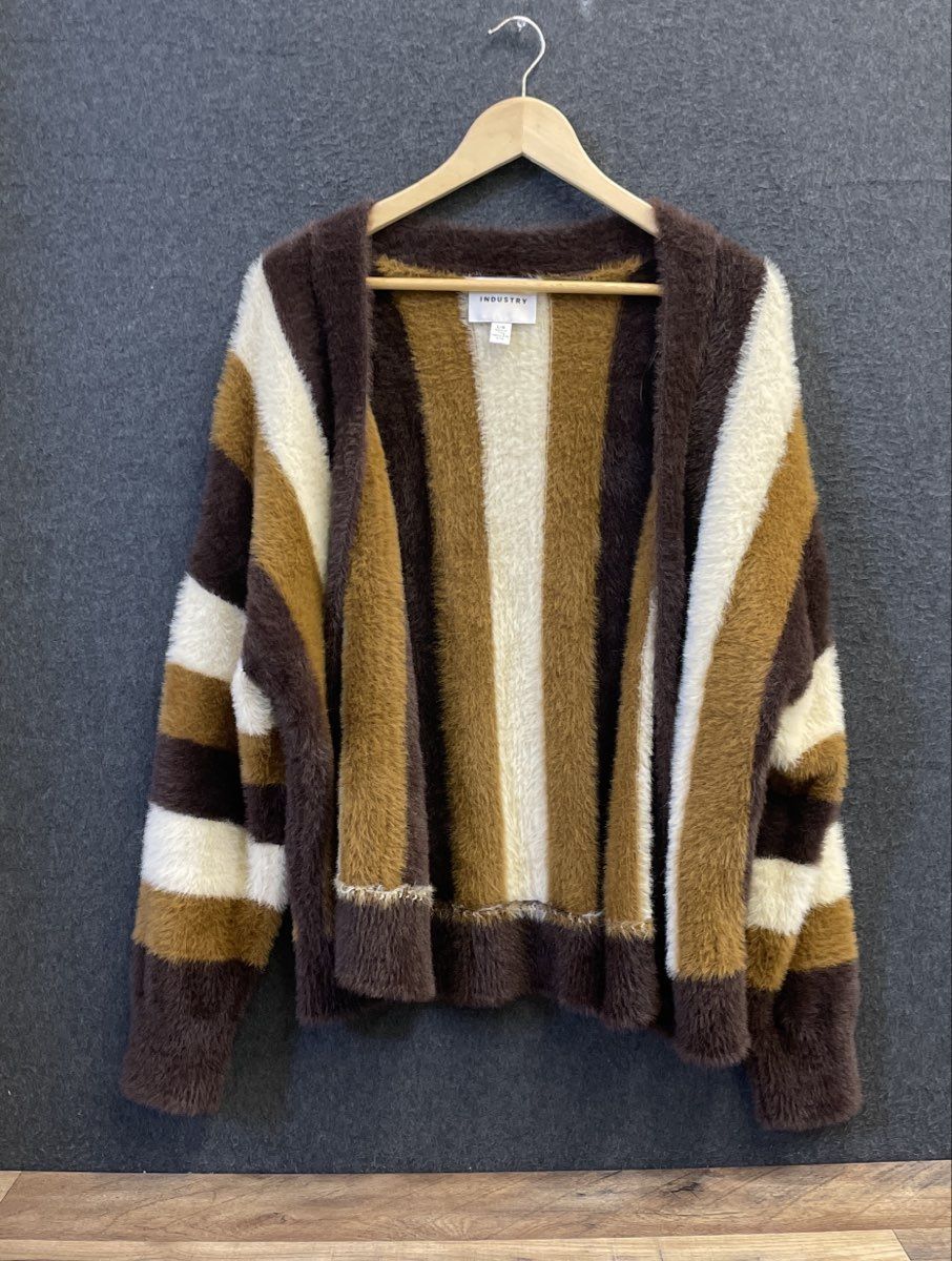 Industry Women's Brown Multicolor Fuzzy Striped Eyelash Knit Cardigan Sz L