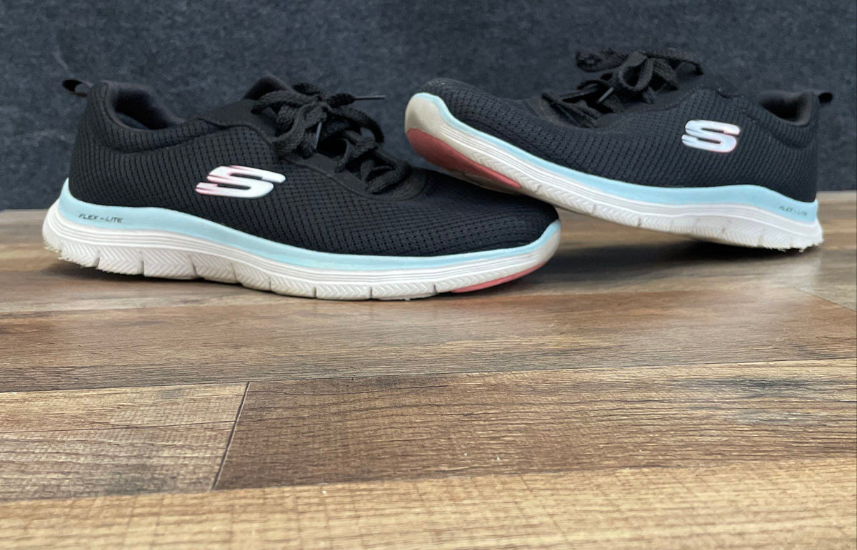 Skechers Flex-Lite Black Blue Air-Cooled Memory Foam Walking Shoes Size 8.5