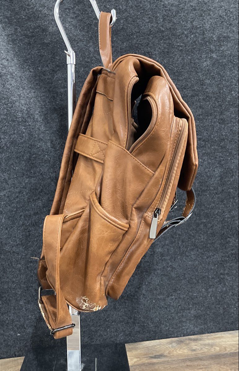 Brown Leather Flap Buckle Backpack Large Laptop Bag Gunmetal Hardware
