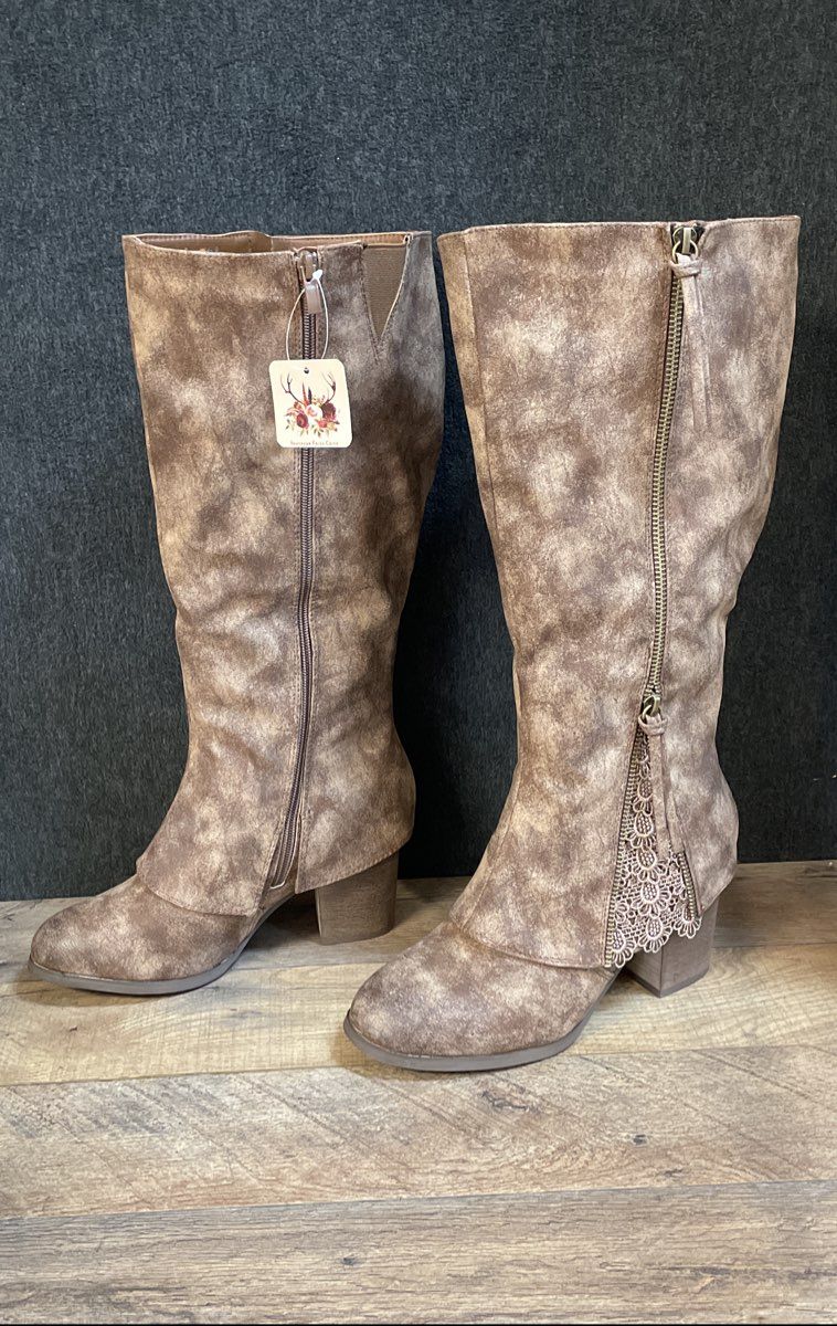 Southern Fried Chics Southern Sass Brown Distressed Knee High Boots Size 8 Wide