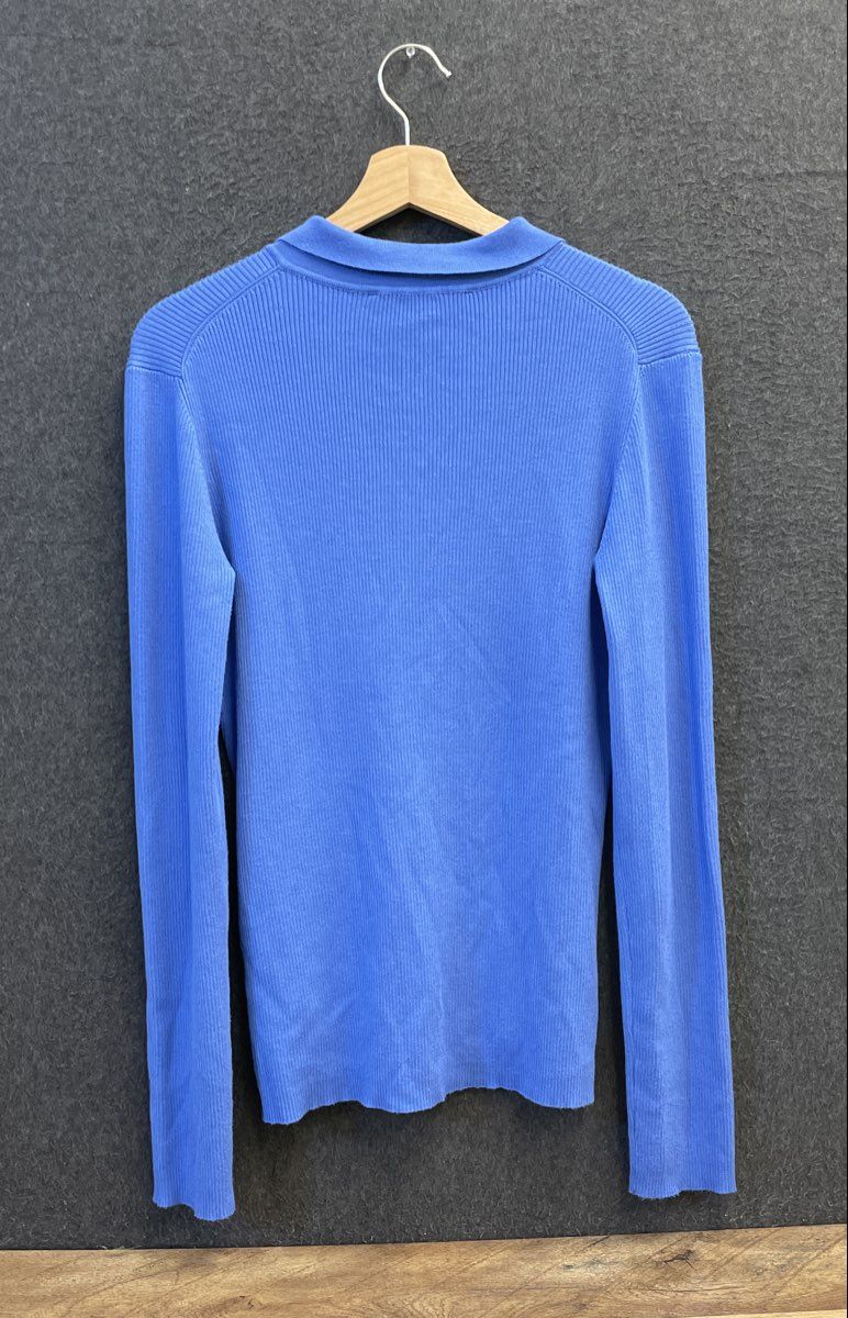 French Connection Women's Blue Ribbed Knit Polo Collar Sweater Cardigan Sz L