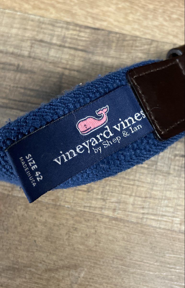 Vineyard Vines Men's Blue Brown Canvas Leather Webbing Belt Sz 42