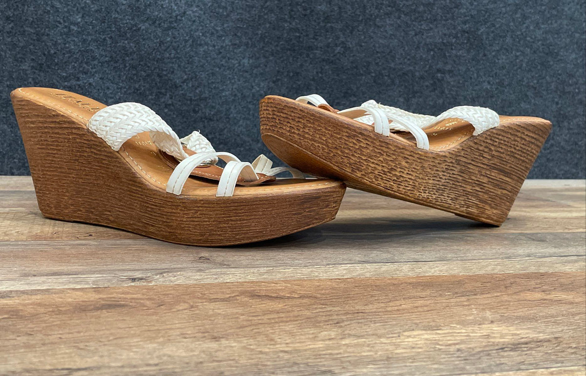 Italian Shoemakers White Brown Braided Strap Platform Wedge Slides Size 9