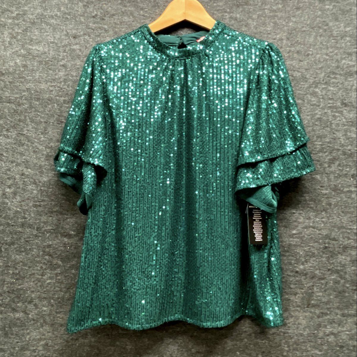 Joe Browns Women's Green Sequin Mock Neck Blouse Tiered Ruffle Sleeve Sz M NWT