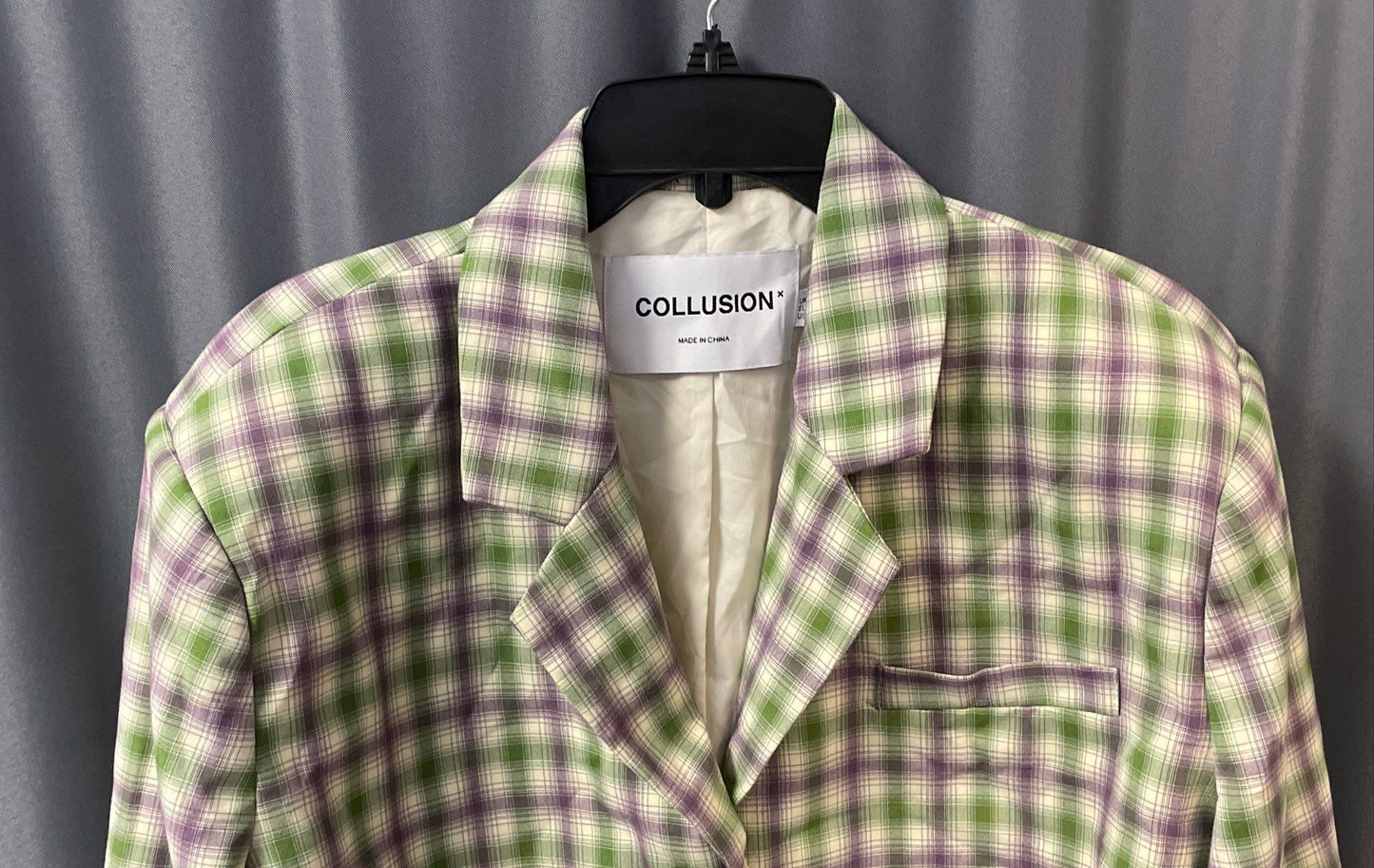 Collusion Women's Green Purple Plaid Cropped Blazer Jacket Size 8