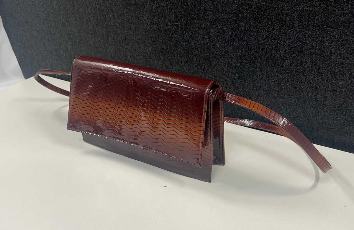 Vintage Brown Ombre Zigzag Embossed Patent Shoulder Bag Rectangular Purse