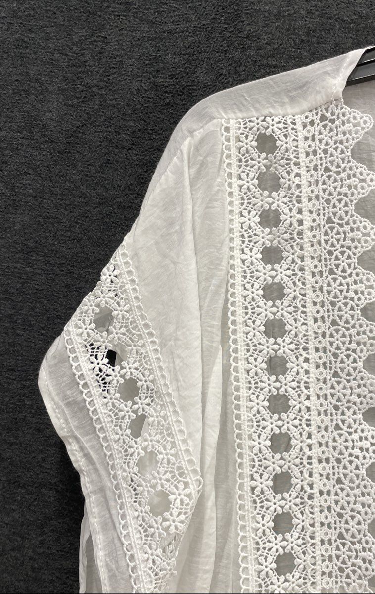 Elan Women's White Boho Cinch Waist Lace Trim Kimono Cardigan Cover-Up Sz S