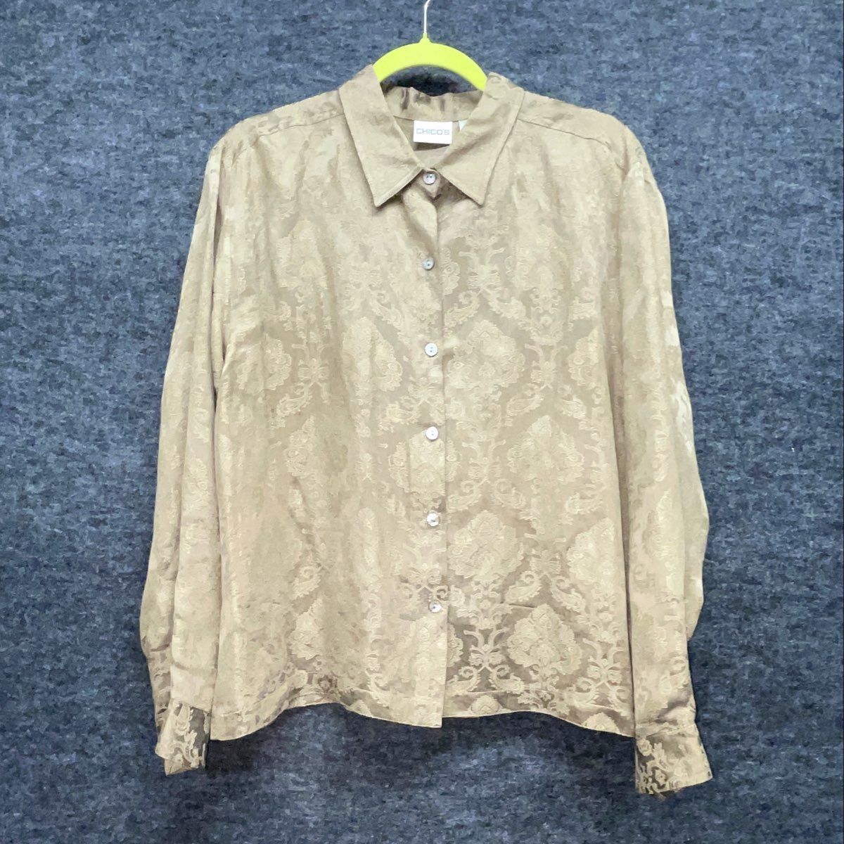 Chico's Women's Gold Damask Jacquard Silk Linen Button Up Blouse Sz 2
