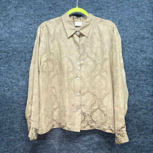 Chico's Women's Gold Damask Jacquard Silk Linen Button Up Blouse Sz 2