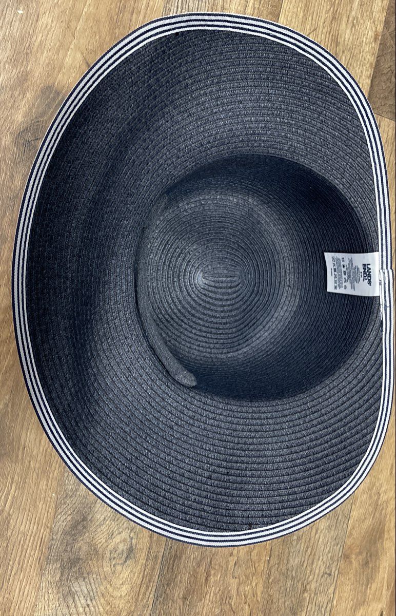 Lands' End Women's Navy Blue Wide Brim Straw Hat Striped Band Sz S-M