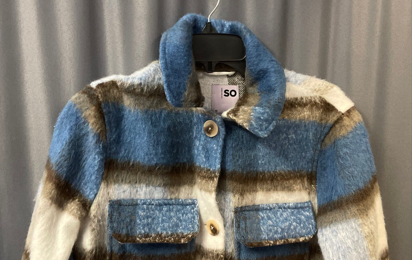 SO Women's Blue Cream Longline Plaid Shacket Fuzzy Button Up Coat NWT Sz XS