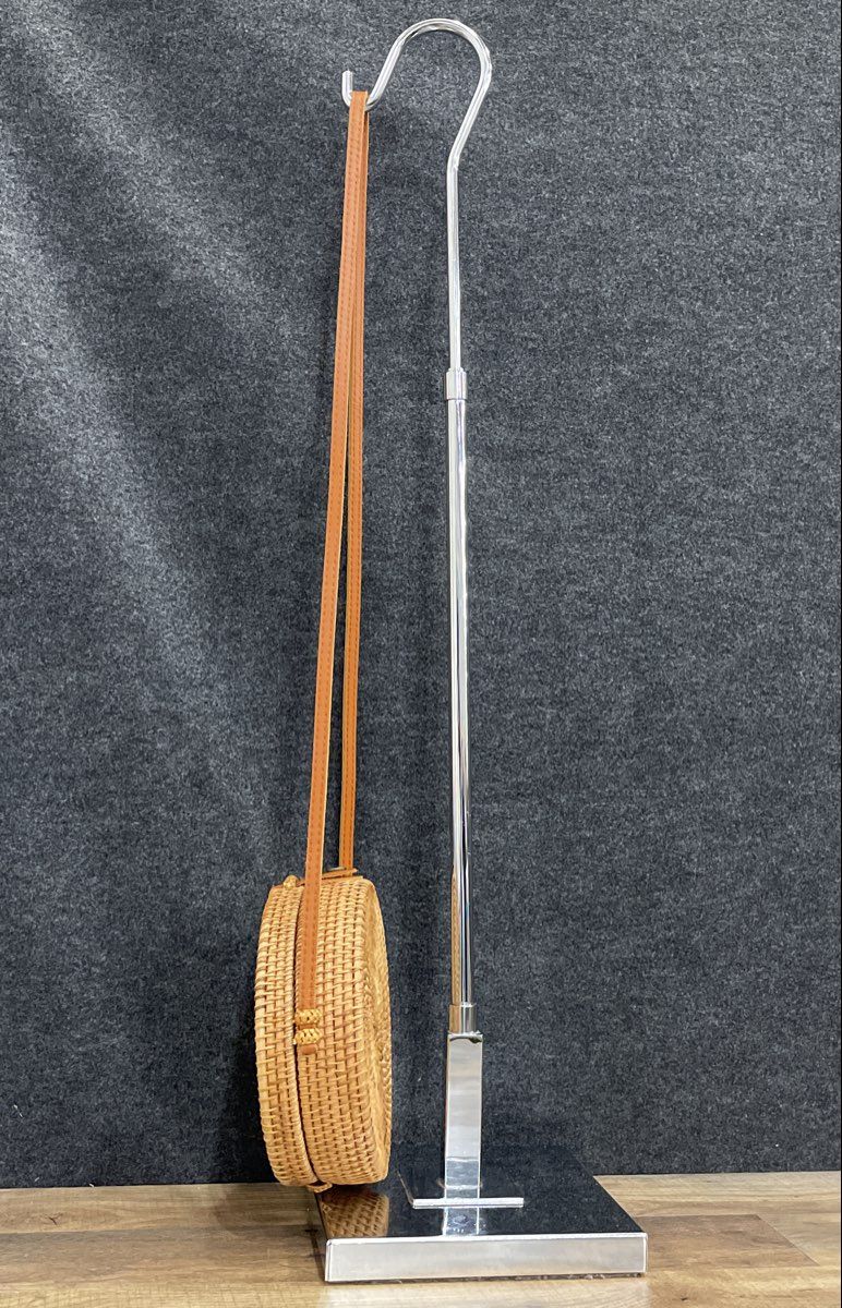 Round Woven Rattan Straw Crossbody Basket Bag Tan Leather Strap Tropical Lining