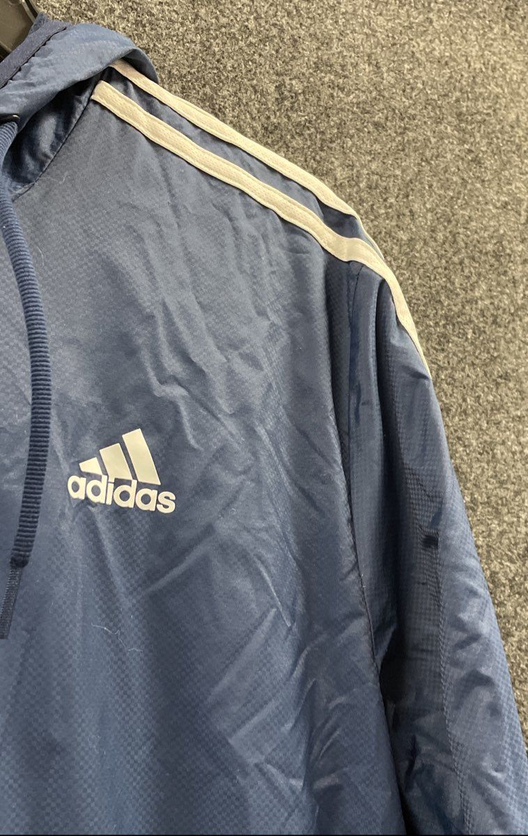 Adidas Men's ESS Windbreaker Jacket Blue Hooded Full Zip 3 Stripe NWT Size M