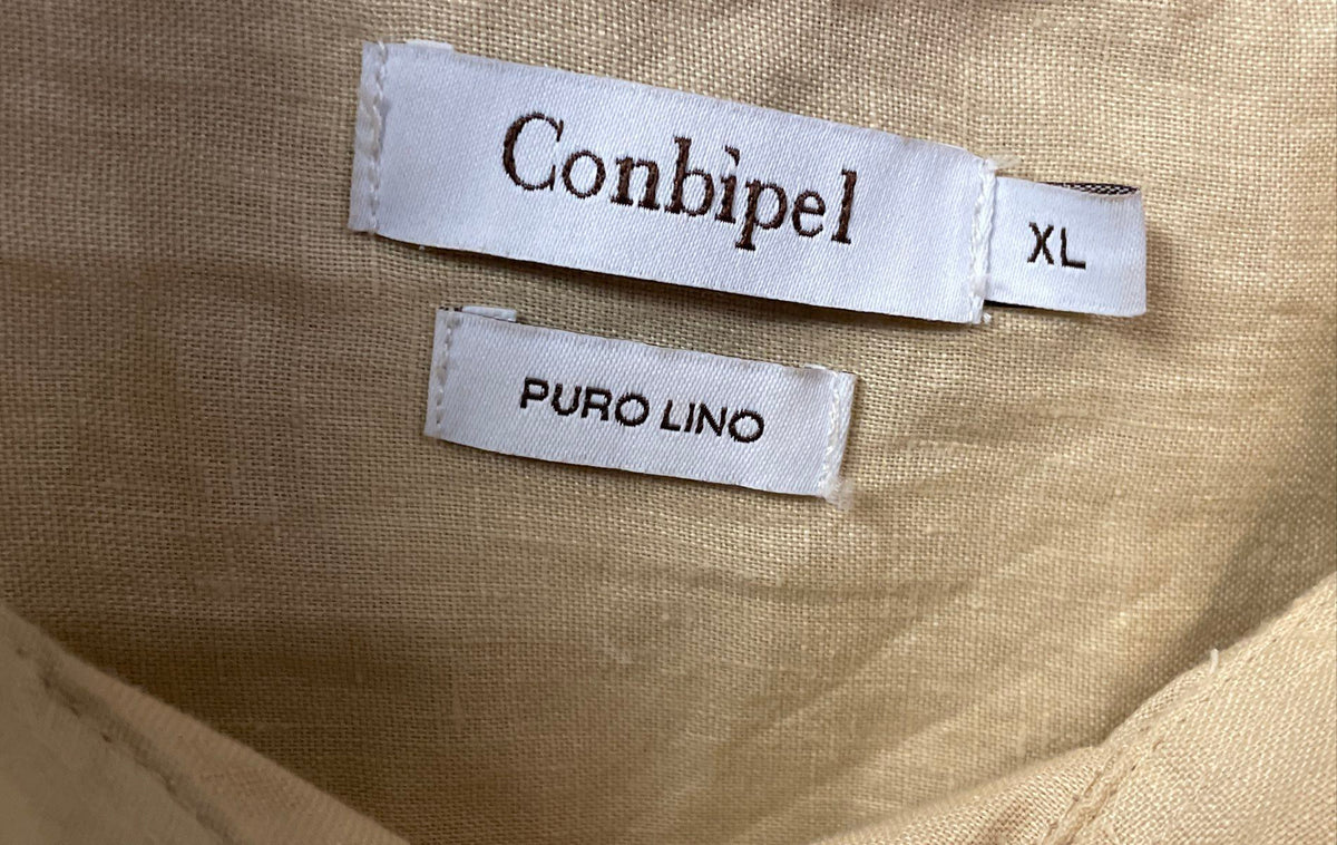 Conbipel Tan Pure Linen Roll Tab Button Down High Low Shirt Sz XL