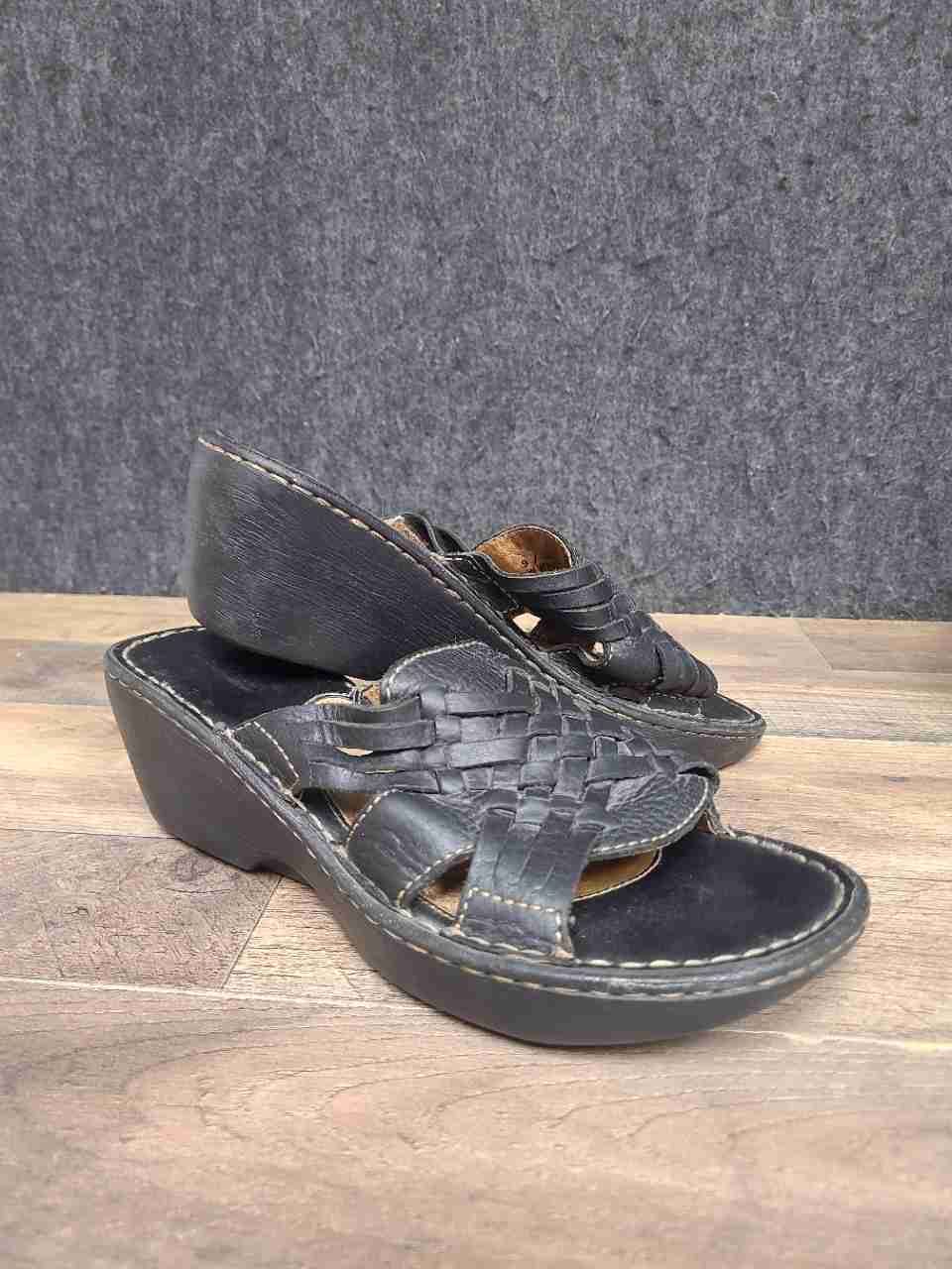 Born W3505 Woven Leather Wedge Slide Sandals Black Women's Size 9