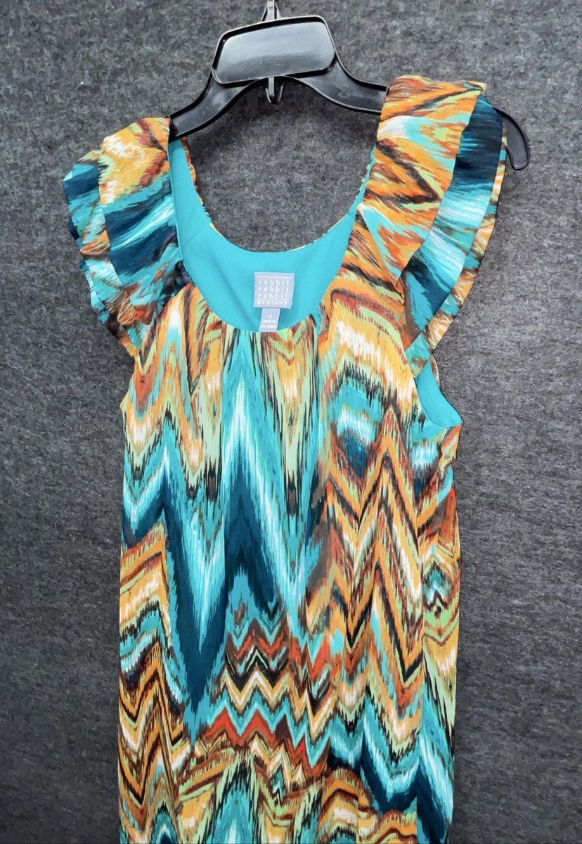 Rabbit Rabbit Designs Women's Multicolor Chevron Ikat Ruffle Cap Sleeve Dress 12