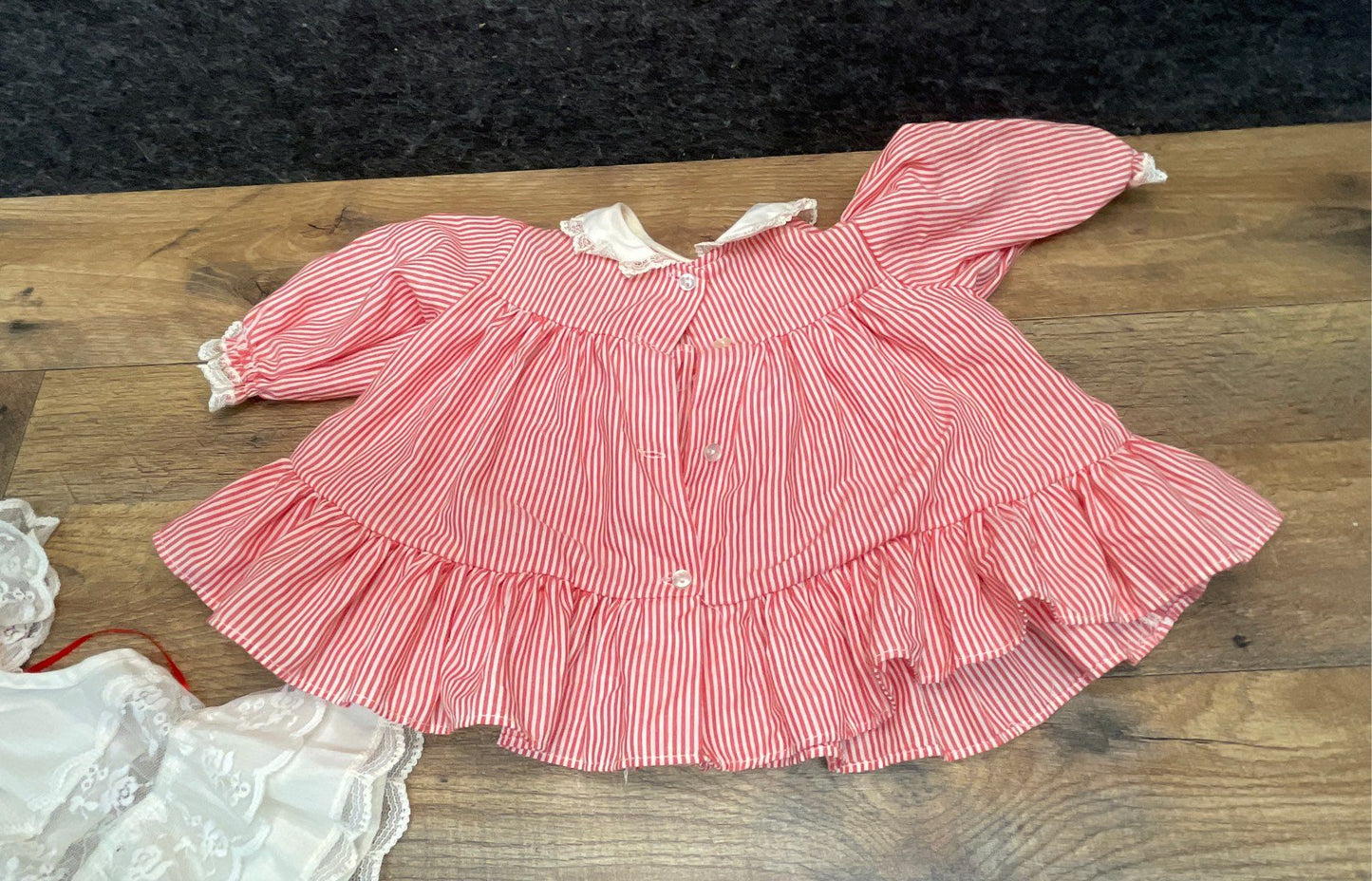 Vintage 80s Bryan Baby Dress Set Red White Striped Lace Pinafore USA Sz 0-3M