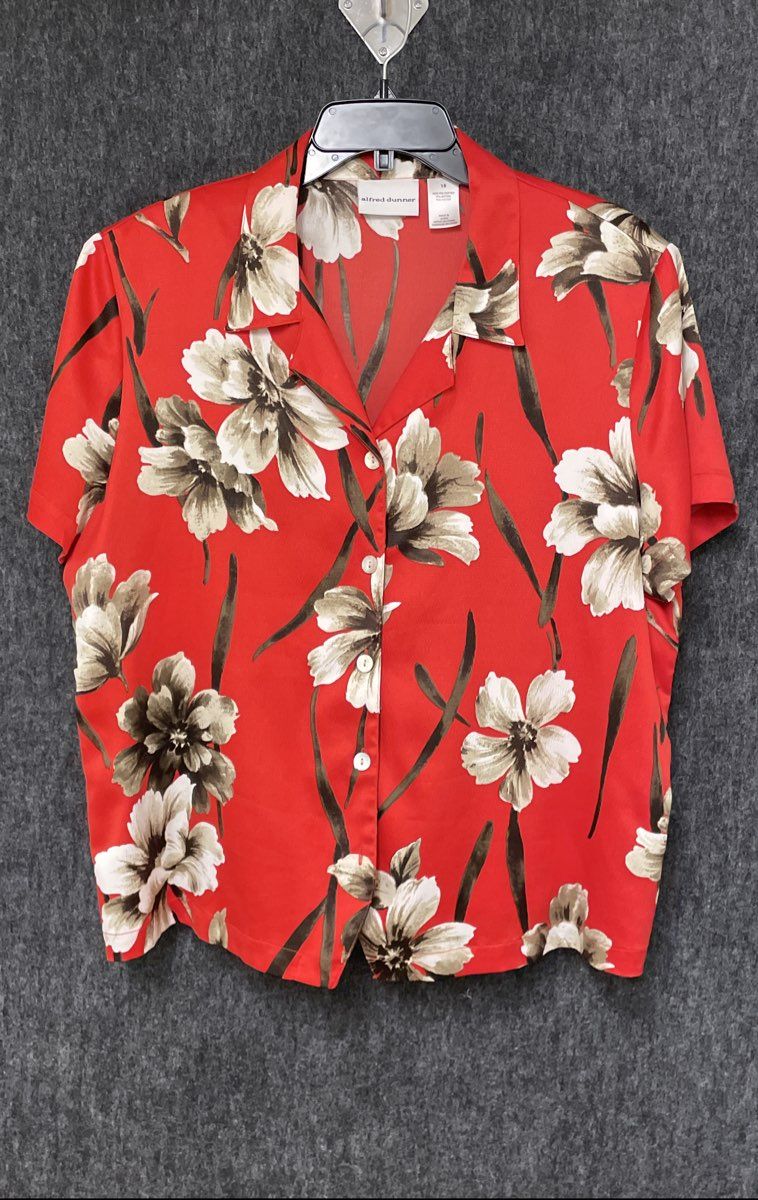 Alfred Dunner Women's Red Floral Print Button Front Short Sleeve Blouse Sz 18