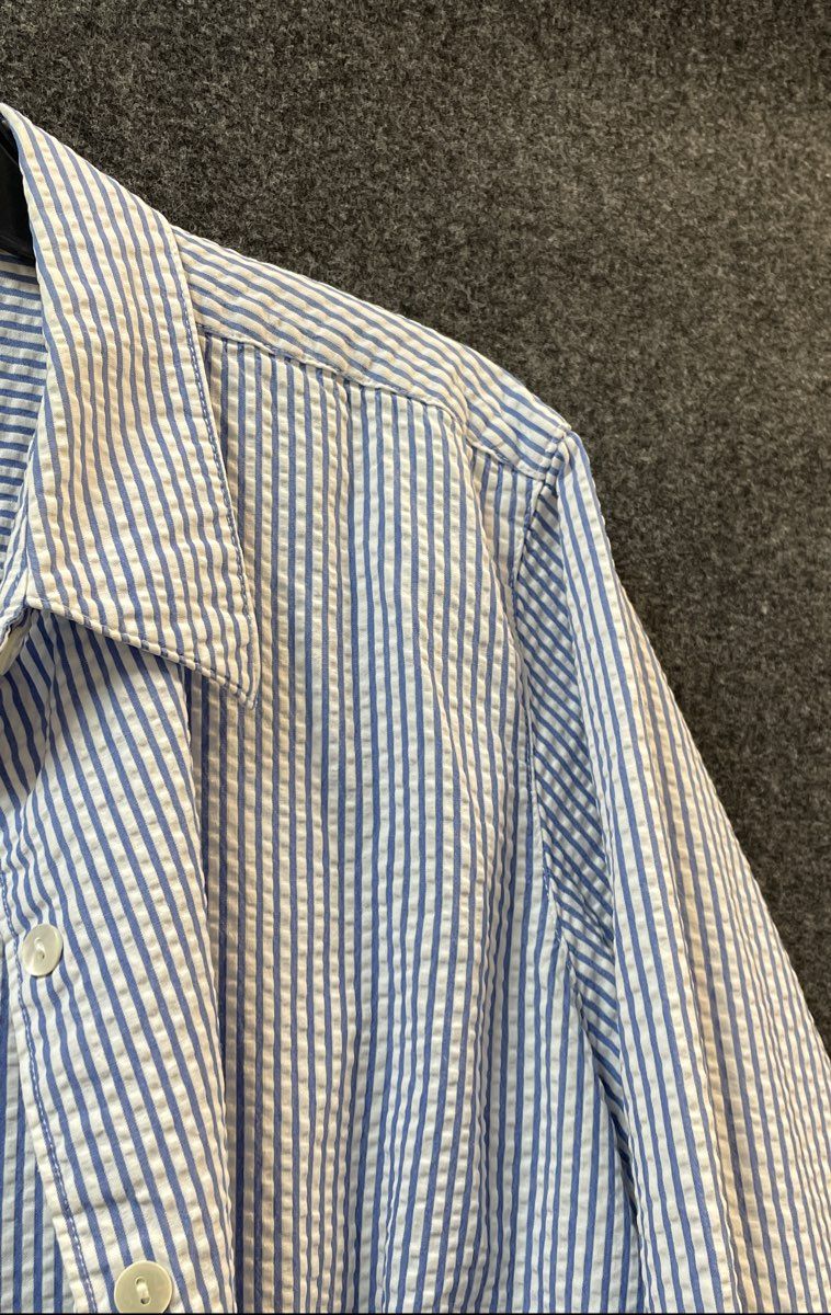 L.L. Bean Women's Blue White Striped Seersucker Button Down Shirt Size L