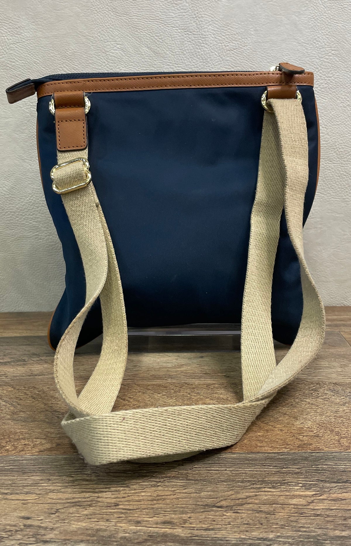 Michael Kors Navy Nylon Tan Leather Trim Crossbody Bag Gold Hardware