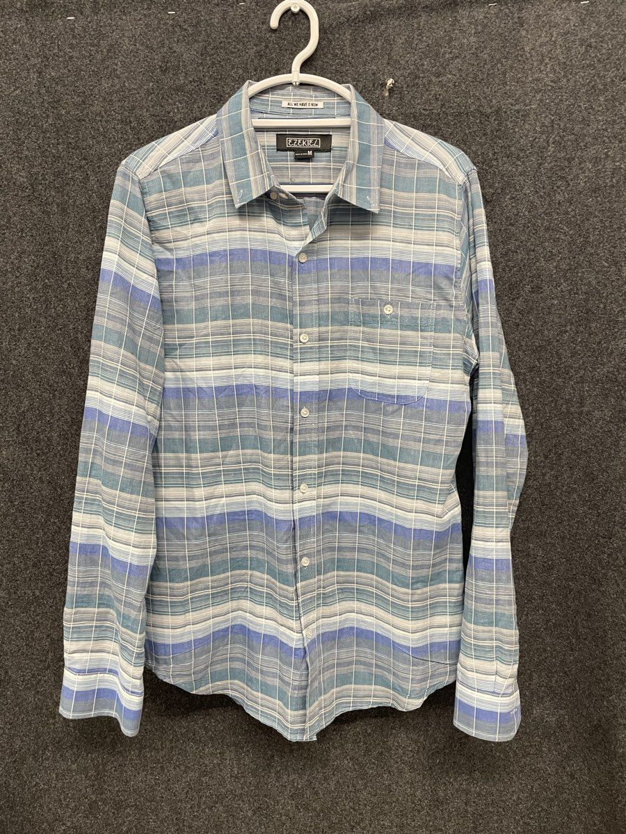 Ezekiel Men's Blue White Striped Plaid Cotton Button Up Long Sleeve Shirt Sz M