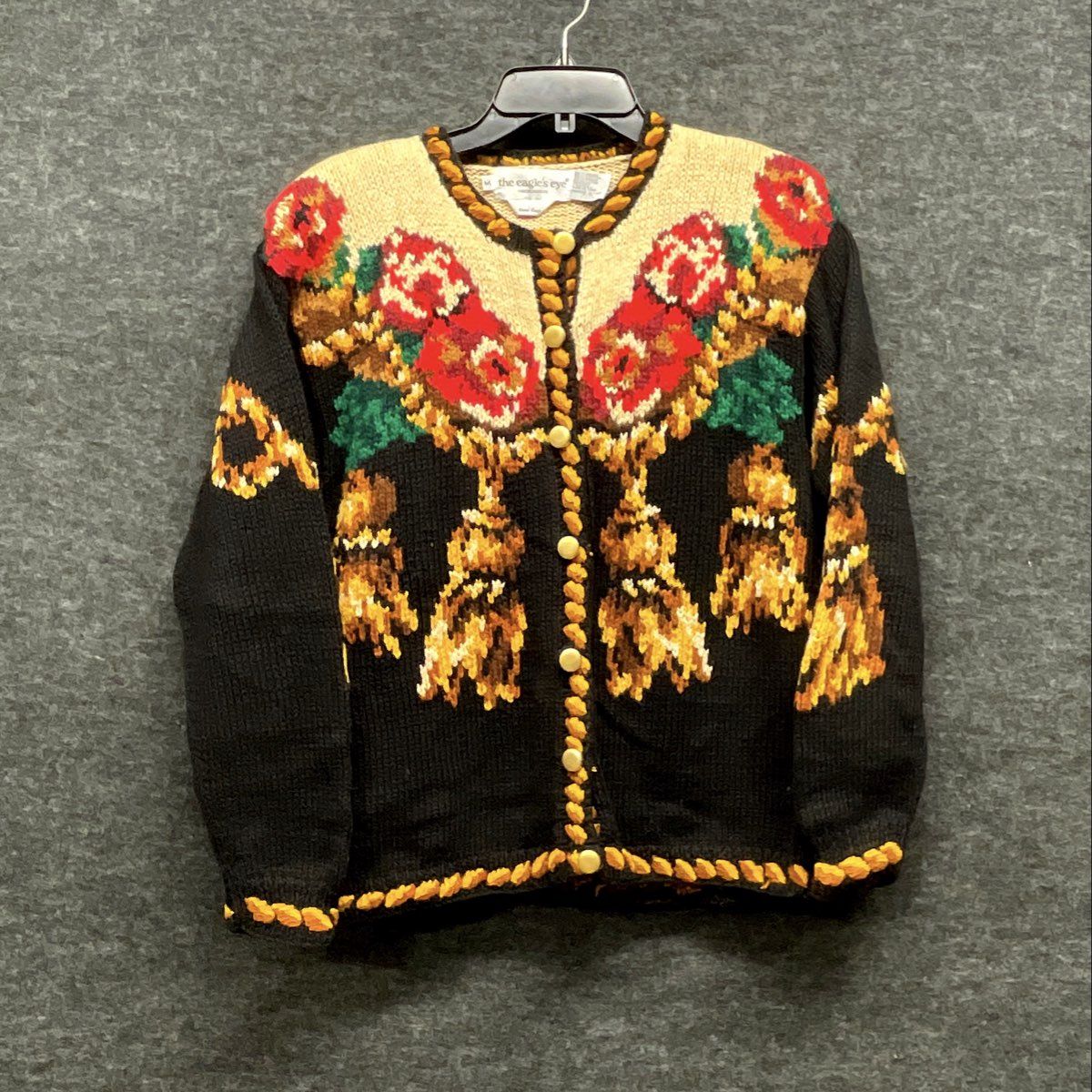 Vintage 90s The Eagle's Eye Women's Hand Knit Floral Tassel Cardigan Sweater M