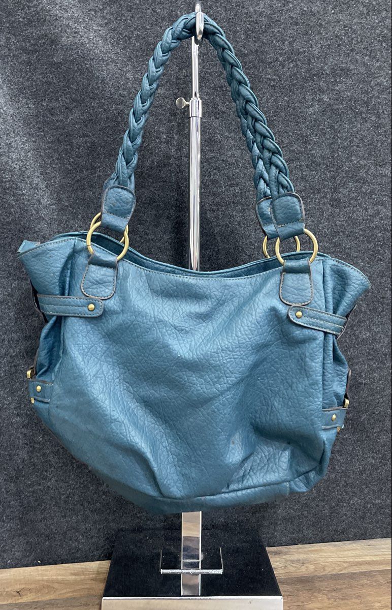 Teal Blue Leather Hobo Shoulder Bag Braided Handles Brass Hardware
