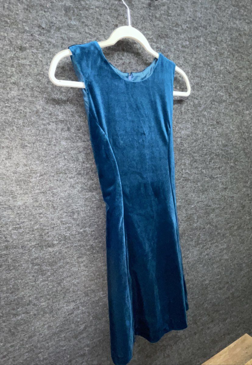 Vintage Y2K Girls Teal Blue Velvet Sleeveless Fit & Flare Dress Tie Waist