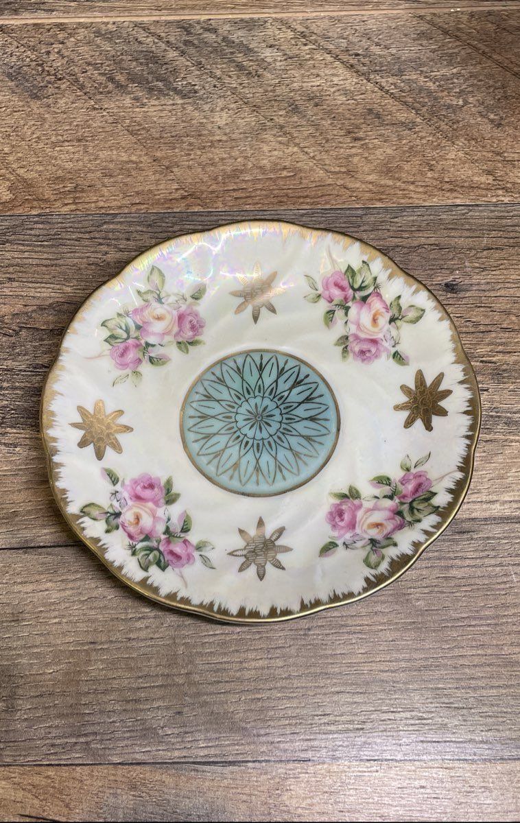 Vintage Royal Halsey Pink Rose Lusterware Pedestal Teacup & Saucer Set Japan