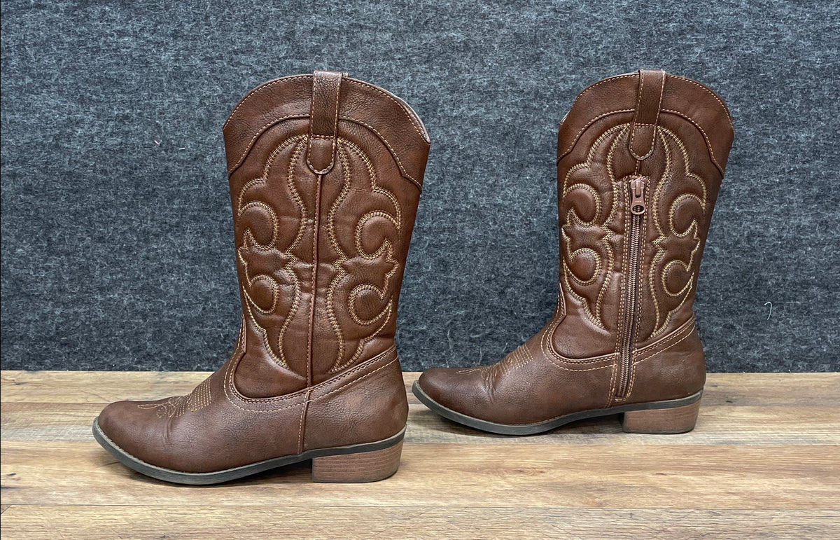 Target Brown Faux Leather Western Cowboy Boots Side Zipper Girls Size 5