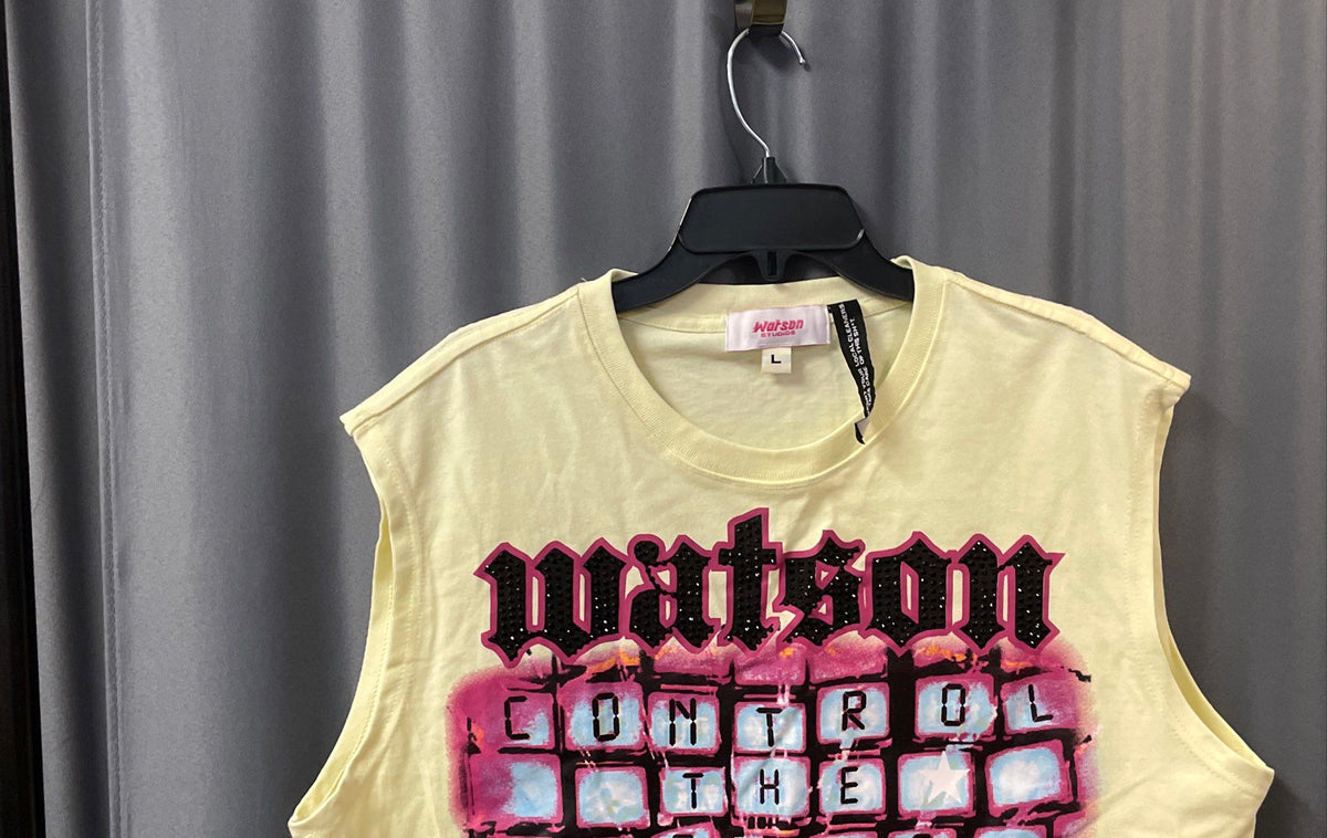 Watson Studios Men's Cream Chiffon Sleeveless Shirt Rhinestone Graphic Sz L