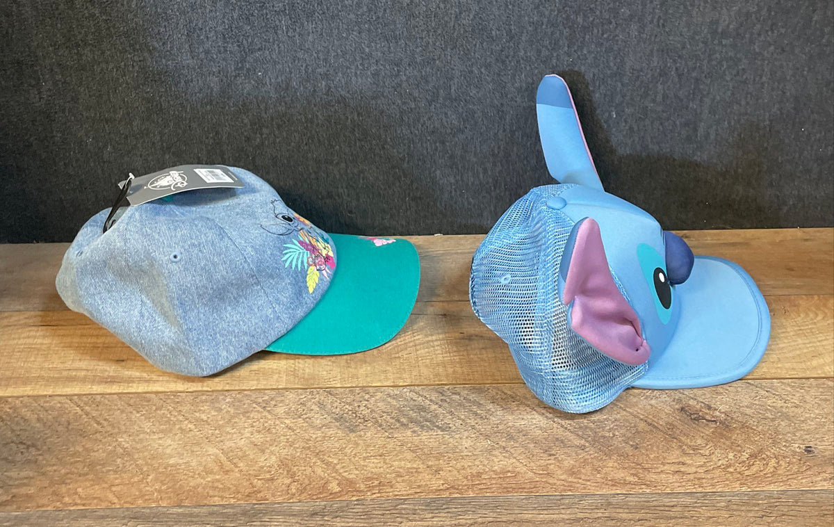Disney Stitch Hat Lot 2pc 3D Ears Trucker Trouble Maker & Denim Floral OSFM