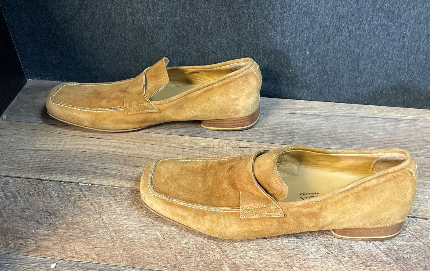 Via Spiga Tan Suede Square Toe Penny Loafers Made in Italy Size 10.5