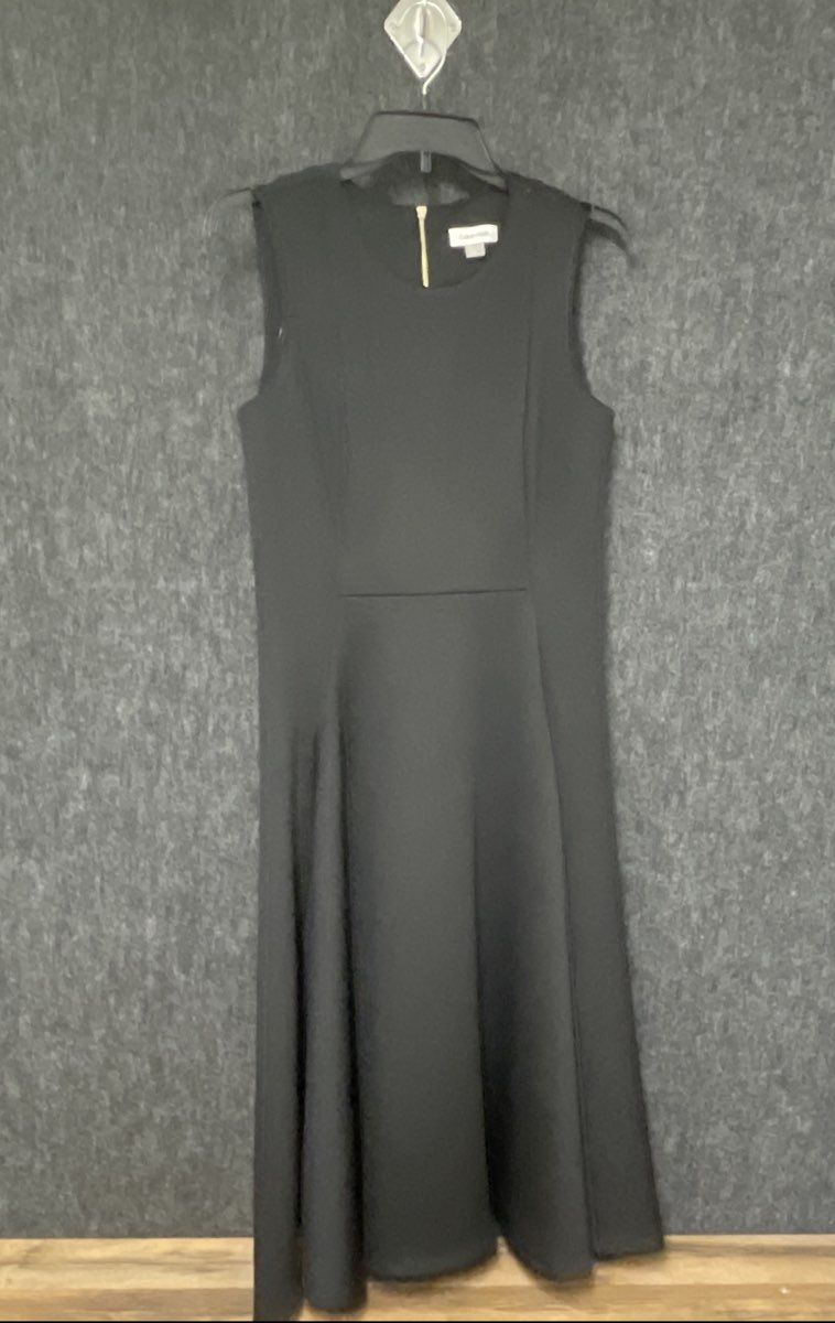 Calvin Klein Women's Black Sleeveless A-Line Dress Exposed Gold Zipper Sz 8
