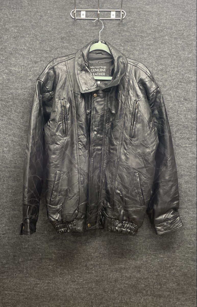 Vintage 90s Italian Stone Men's Black Patchwork Leather Bomber Jacket Sz XL