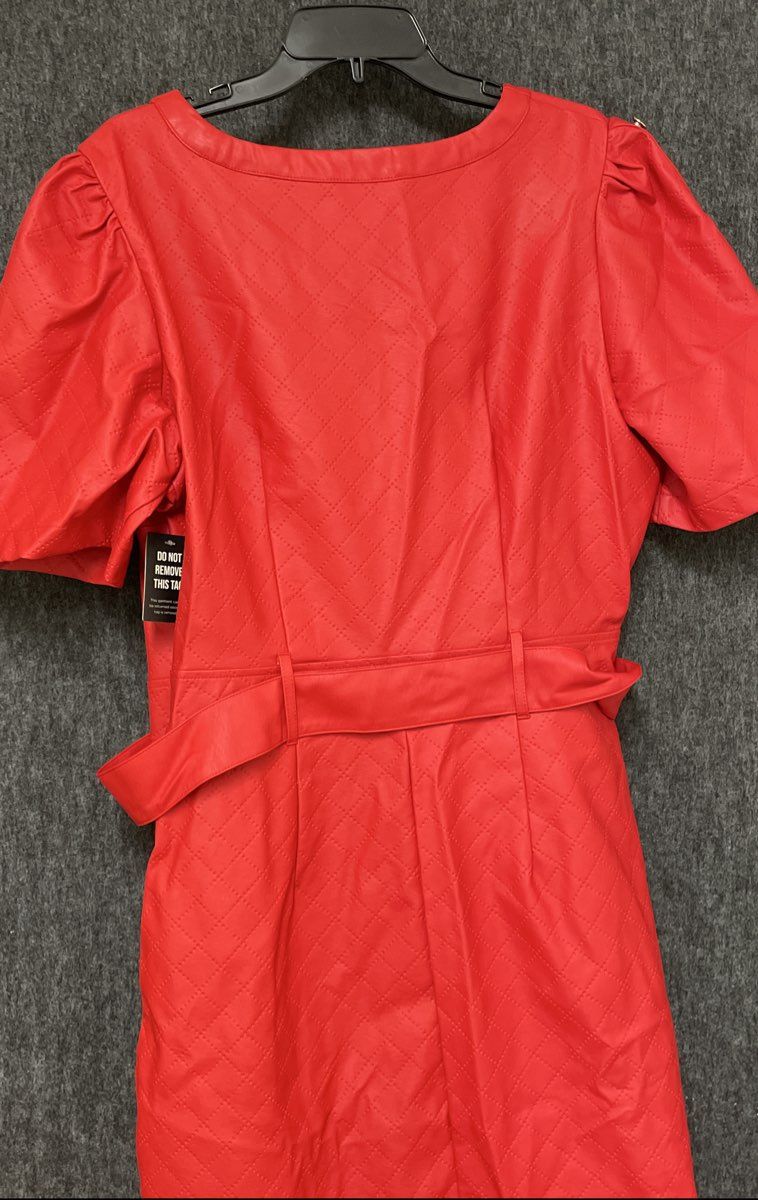 Ashley Stewart Women's Red Quilted Faux Leather Button Up Belted Dress Sz 14/16