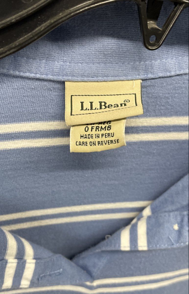 Vintage LL Bean Women's Blue White Striped 3/4 Sleeve Polo Shirt Top Sz L