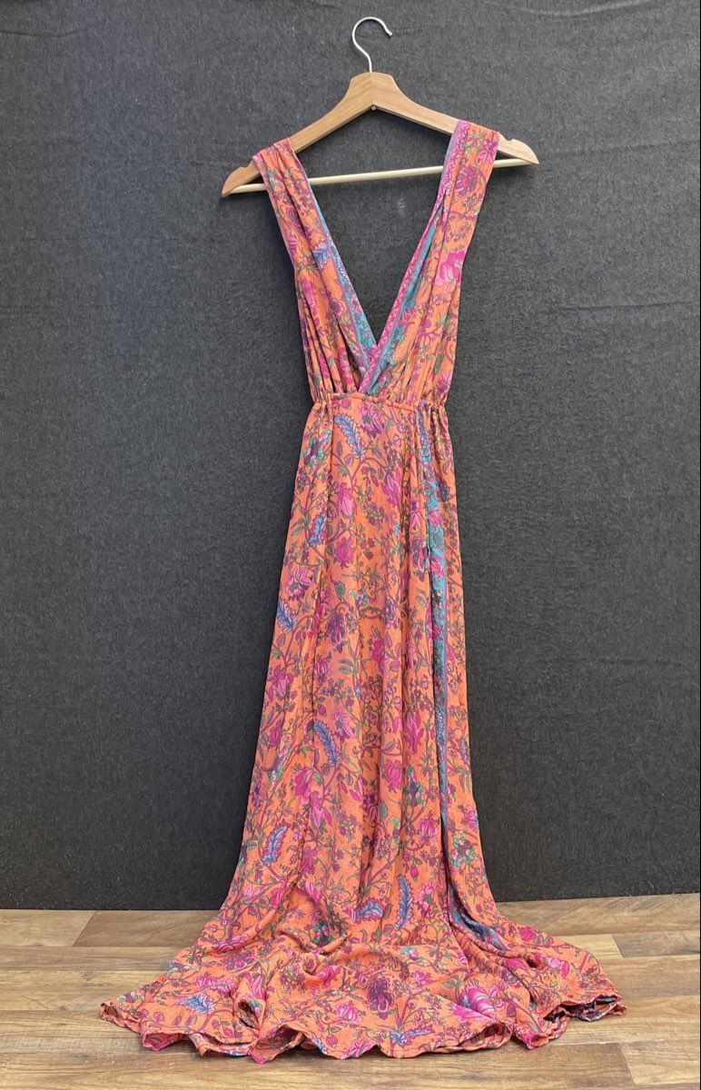 White Waves Women's Orange Multi Floral Boho Plunging V-Neck Maxi Dress M NWT